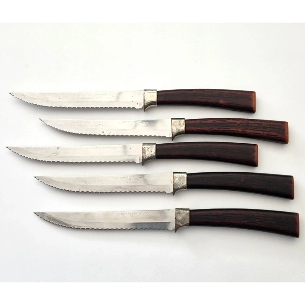 Vtg‎ Amway Steak Knives Stainless Steel USA Set of 5 Bakelite Handle Faux Antler